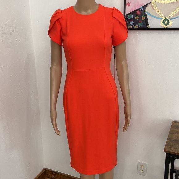 Calvin Klein Tulip Sleeve Sheath Dress Cocktail Spicy Orange Womens Size 2 - Picture 4 of 10